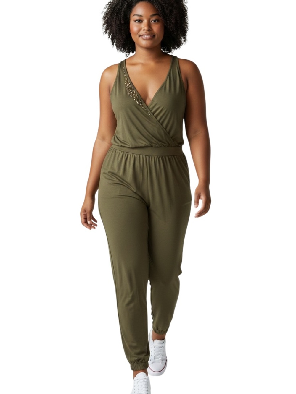 VENUS Olive Green Sleeveless Wrap Jumpsuit with Embellished V-Neck